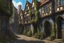 Placeholder: gothic, medieval street in a shanty town, inns, shops, balconies, bridges, arches, cobbled roads, people, in a wood, dense foliage, photo-realistic, Hogwarts, blue sky