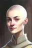 Placeholder: full color portrait drawing, portrait, fantasy setting, 22-year old friendly female human cleric, shaved head, light eyebrows, grey eyes