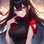 Placeholder: Clear focus,High resolution, black long hair, Vibrant red eyes, Emo style, Black skirt, wearing a black shirt sleeveless, Wearing black and red cutsleeves, Hand near chin