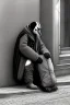 Placeholder: One single mature homeless penguin with worn out clothes, sitting in a corner on the street, guitar standing on the left side, Vienna, mourning, model style, hyper realistic, extremely accurate, delicate, extremely detailed, Graphic novel style, wide-angle, open aperture, superfine pencil