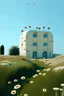 Placeholder: minimal building with cream walls and little light blue windows a little bit look like space ships in star wars movie and also the wild flowers in the some parts of the facades