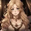 Placeholder: Adult woman, long blonde hair with curly tentrils against her cheek and top half up on a little bun, warm brown eyes, anime style, front facing, rococo dress, looking into camera,