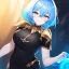 Placeholder: Clear focus, High resolution, short light blue fluffy hair, hair between eyes, yellow eyes, wearing black magma shorts, detailed outfit, blue and black outfit, gold accessory, female