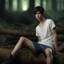 Placeholder: thin 17 year old male with short dark hair and blue eyes wearing a ripped and dirty white teeshirt sitting on a log , photorealistic, 4k, dark fantasy