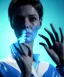 Placeholder: Ultra Realistic image, photo studio, medium shot view, a woman making the fuck off gesture with his hand, blue smoke coming out of his nose and mouth, happy. Latex inflatable coat, soft color, highly detailed, unreal engine 5, ray tracing, RTX, lumen lighting, ultra detail, volumetric lighting, finely drawn, high definition, high resolution.