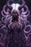 Placeholder: absurdres, ((high-resolution)), ultra detailed, vivid colors, abyssal goddess, dark skin, horns, white hair, ((medium hair:1.2)), (sidelocks:1.3), purple eyes, disheveled hair, long sleeves, fril gothic dress, purple and pink outfit, abyssal, darkness, tentacles, fractal, psychedelic, Whimsical