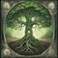 Placeholder: Blessed Life tree glowing with green life the roots digging deep into the ground, In Tarot Card Art style