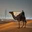 Placeholder: create Israeli Finance Minister Bezalel Smotrich riding a camel across golden sand dunes, futuristic Middle Eastern city skyline in the distance with sleek glass towers and neon lights, a sign reading Saudi Arabia of AI glowing behind him, cinematic lighting, ultra-realistic 8K UHD photography