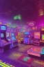 Placeholder: A dark photo an 80's aesthetics arcade at night, with a lot of functioning arcade machines, a vaporwave floor and some colorful tiles in between the floor. Purple Themed, purple aesthetics.