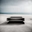 Placeholder: A minimalist photography of some metaphysical objects made of steel in an empty room, beach and sea in the background, dadaism and brutalism