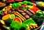 Placeholder: The picture shows a tasty and tempting dish containing a variety of delicious foods. The foods include slices of perfectly grilled meat and crispy fresh vegetables pulsating with colors and flavors.