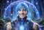 Placeholder: cosmic bionic beautiful men, smiling, with light blue eyes and straight blu hair in a magic extraterrestrial landscape with coloured fairy forest stars and bright beam