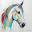 Placeholder: A colorful, abstract and minimal painting of a horse. The horse has large eyes, a rainbow patchwork fur, with black outline details giving a scribbled effect. the image is in the middle of a white canvas. The background should be clean and mostly white, with subtle geometric shapes and thin, straight lines that intersect with dotted nodes. The style is expressive and textured, reminiscent of outsider art.