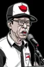 Placeholder: Ilustración vectorial de Gustavo Petro con gorra deportiva camisa, hablando con micrófono, colores negro, blanco y rojo, fondo negro