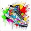 Placeholder: vector t-shirt art ready for print colorful graffiti illustration of Jordan 1 sneaker, frontal perspective, action shot, vibrant color, high detail, white background