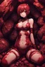 Placeholder: Anime girl crushed inside claustrophobic really red fleshy stomach filled with digestive juices, sit pose, fullbody, intricate, darkred tones, macro photography,