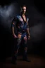 Placeholder: full body portrait, 6'5". 220lbs, extremely muscular, Elvis Presley has great big giant muscles, blue eyes, skintight, formfitting high-collared jumpsuit with floral designs, smirking, pitch black background, multicolored spotlight, Photorealistic, realistic stock photo, Professional quality Photograph. Fog, Clouds, mist.