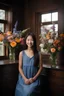 Placeholder: full body portrait - extremely beautiful 13-year-old girl, pitch-black shoulder length hair, the bangs cut straight across the forehead, extremely slanted eyebrows, blue eyes - smiling, facial makeup, dark, stained wood panel wall in the background with an assortment of floral arrangements, a bed, a dresser, and a window, professional quality studio 8x10 UHD Digital photograph by Scott Kendall - multicolored spotlight, Phot