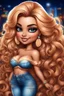 Placeholder: create an airbrush illustration of a chibi cartoon curvy polynesian female wearing Tight blue jeans and a peach off the shoulder blouse. Prominent make up with long lashes and hazel eyes. She is wearing brown feather earrings. Highly detailed long blonde shiny wavy hair that's flowing to the side. Background of a night club.