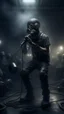 Placeholder: A singer with a mic in a band are tied to their musical instruments ,surrealism of the dark of a nightmare ten miles high and six foot deep, hyper photorealistic, hyper detailed dark art color, high resolution, fog, octane render, tilt shift, HDRI Environment, all pictures dark gray