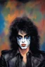 Placeholder: text "KISS" - facial portrait with makeup - 20-year-old Paul Stanley with long, wavy curly black 1980's style big hair, wearing a black leather jacket, extremely colorful, multicolored watercolor stained wall in the background - in the art style of Boris Vallejo, Frank Frazetta, Julie bell, Caravaggio, Rembrandt, Michelangelo, Picasso, Gilbert Stuart, Gerald Brom, Thomas Kinkade, Neal Adams - explosions, flames, fog, clouds, dust,