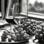 Placeholder: Create a highly detailed and photorealistic pencil sketch featuring a wine glass and a bunch of grapes on a table. The sketch should concentrate on the intricate details and textures, using precise and delicate lines. Emphasize the transparency and shine of the glass and the natural appearance of the grapes. The drawing should exhibit strong contrasts between light and shadow to add depth, capturing the reflective qualities of the glass and the subtle textures on the grapes' surface, giving a re