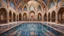 Placeholder: Superb symmetrical pictorial multicoloured mosaic floor, walls with pictures of bathers and swimmers, swimming pool, naked bathers, swimmers, night, water feature, symmetrical cathedral style high ceiling, relaxation, luxury, dream world, calm beauty, perfect symmetry, fantasy world, magic, beautiful symmetrical composition, exquisite detail, 85mm lens, adjust perspective, chiaroscuro, night, darkness, dramatic lighting