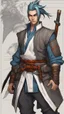 Placeholder: Yasuo , bits of color, Sketch book, hand drawn, dark, gritty, realistic sketch, Rough sketch, mix of bold dark lines and loose lines, bold lines, on paper, turnaround character sheet, league of legends, Full body, arcane symbols, runes, dark theme, flowing partially braided pale blue hair, beautiful, handsome, padded leather clothing embroidered with runes, modest, leather rune embroidered boots