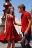 Placeholder: A girl collides with a young man and he catches her in the middle of the road and they look at each other with the bells around them ringing, the girl wears a short red dress exposed from the shoulders, and the young man wears jeans and catches an oil painting Photorealistic Behind them is a tower containing a big bell