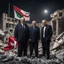 Placeholder: Hyper Realistic Arab countries leaders smiling devilish standing outside the rubble of a destroyed building in Gaza at night with Palestine flag behind