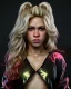 Placeholder: portrait, Shakira, blonde artist, angry, Realistic image, MMA robe, hoodie, mma gloves, loose long hair, eyes make up, gold line make up, moisture, sweat, fog, Neon colors, leds. Black background, photo studio, concept art, smooth, unreal engine 5, god lights, ray tracing, RTX, lumen lighting, ultra detail, volumetric lighting, 3d, finely drawn, high definition, 4k.