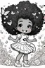 Placeholder: create a coloring page of a chibi girl with a curly afro ponytails dancing around hearts and butterflies. she smiles while shes playing with her kitten, black and white
