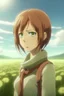 Placeholder: Attack on Titan screencap of a female with long, light bob and greenish eyes. Beautiful background scenery of a flower field behind her. With studio art screencap.