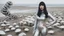 Placeholder: A woman with dark hair in a silver robotic catsuit, standing on a beach with flying mushrooms looking like parasols, with octopus tentacles in the air