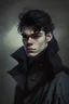 Placeholder: Portrait of a 23 year old male with dark styled hair. That wears a peacoat and has an obsession with aliens.