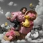 Placeholder: A big, hairy muscular man in a velvet Prada shirt sits in a field of pink roses next to yellow plastic ducks, eating candy, and Adidas boxes next to him.