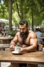 Placeholder: half figure photography of an ugly turkish barman servicing one coffee at the table, burly robust muscular chubby shirtless mainly chest very hairy 29 years old man, in a public park of Istambul , sunny day, sweat, wet, big shoulders, angry eyes, photorealistic