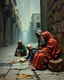 Placeholder: Bosch painting style ,nightmare, beggars wearing Arabic cloths sitting on the side of the street with their children begging