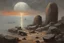 Placeholder: Grey sky with one distant planet in the horizon, rocks, mountains, 80's sci-fi movies influence, friedrich eckenfelder impressionism paintings