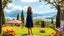 Placeholder: image of a very beautiful lady with beautiful velvet midi dark blue, lace skirt and pretty same material top with curvy hair high heels standing in a nice villa yard with trees flowers ,in country side in floor of beautiful mountains ,sea with ships ,water falls,16 by 9