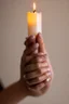 Placeholder: close up photography of female hands holding strong a very long burning wax candle, in a dark room, ambient occlusion, photorealistic