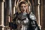 Placeholder: portait of a menacing bride in revealing bloody heavy armour, she holds a wedding rapier, she sticks out her tongue, shows her fangs and gives the finger [scene in a cathedral]