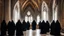 Placeholder: black robe hooded monks in the chapel