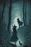 Placeholder: in the style of a Henry Justice Ford drawing, a beautiful witch walks through a dark forest, a dog is coming towards her