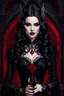 Placeholder: A captivating, high-resolution image of a stunningly elegant vampire woman exuding both beauty and danger. Dressed in exquisite black gothic clothing adorned with intricate details and black lace, on her dress red blood stains adding a dramatic effect. Her pale skin contrasts sharply with her dark attire, and her long, dark hair cascades down her shoulders. Holding a glass of red wine, she radiates an air of mystery. The background is dark and enigmatic, with soft, realistic lighting casting sha