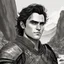 Placeholder: A portrait of Joaquin Phoenix in his early 30s, long beachy haircut, black hair, on a rocky island, in ebony armor from Skyrim, melancholic and dangerous facial expression, half-smiling, drawn in the style of ink manga sketch