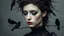 Placeholder: A hauntingly beautiful portrait of a young woman with pale skin and closed eyes, her dark hair woven with thorny branches that form a nest around her head. Several black birds perch on these branches, their silhouettes stark against a muted, grey background. Her makeup is dramatic, with dark, smudged eyeliner that trails down her cheek like tears, and her lips are a deep, muted red. She wears a high-necked, dark Victorian-style dress with intricate lace detailing. The overall mood is melancholic