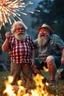 Placeholder: a sarcastic Highly stylized, group 64k Ultra High resolution photography featuring a A grey-haired, backyard enthusiastic daredevil elderly chubby Tennessee hill billy farmer with No regrets, Skinned knees, wild hair, and beard and a best friend cheering . Cheeering over the home made 4th of july fireworks