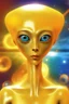 Placeholder: Full head to toe portrait + profile of a creature with (((a flat orange triangle pointing downwards for a head))), large round eyes like bright yellow headlights, a small body, its feet are in seamless silver and orange skin-tight boots with its skin-tight jumpsuit. It stands out against a white background.