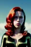 Placeholder: retro portrait image from 1960, sky background, wind, long red hair, fighting stance, sweet young Scarlett Johansson, black dress, classic long tight lycra black suit, gold bracelet and belt, high heel boots, superhero style, black widow, soft color, highly detailed, unreal engine 5, ray tracing, RTX, lumen lighting, ultra detail, volumetric lighting, 3d, finely drawn, high definition, high resolution.